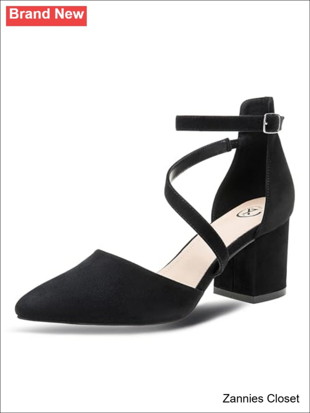 ✨ Pointed Toe Block Heel Pumps with Criss Cross Ankle Strap - Patent PU
